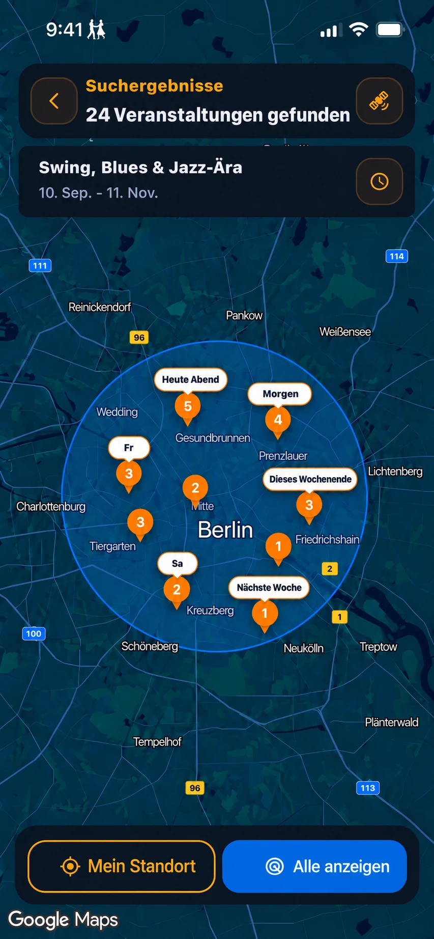 Kartenillustration aus den App-Store-Bildern mit beispielhaften Gruppen von Tanzveranstaltungen rund um Berlin.