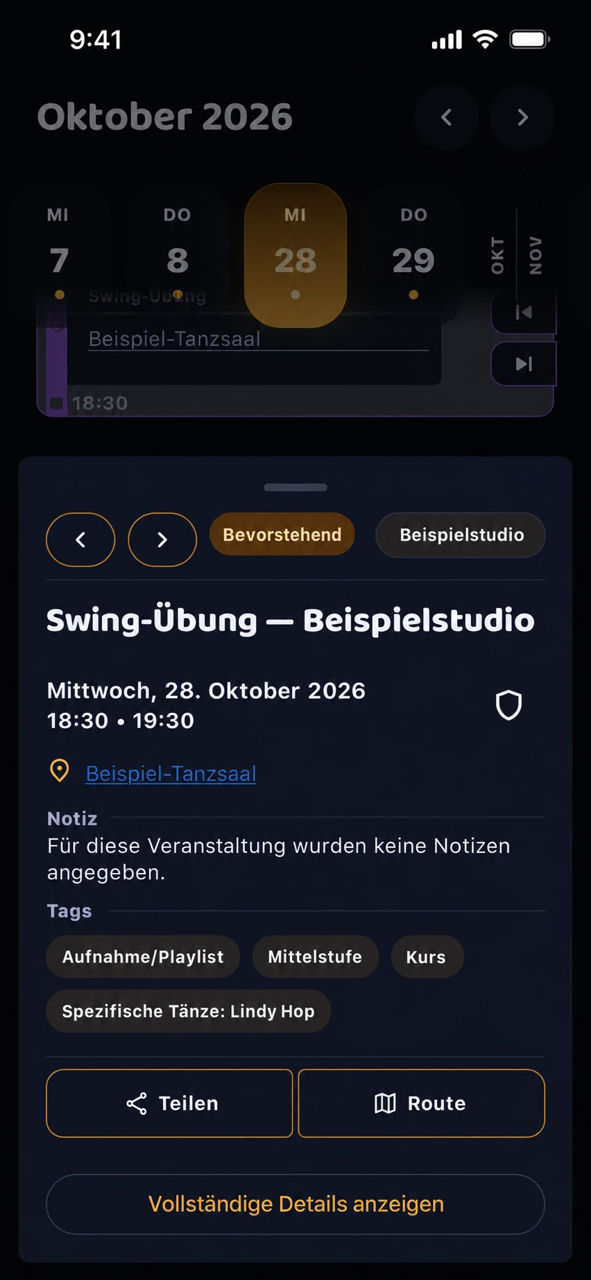 Details zur erfundenen Veranstaltung Swing-Übung vom Beispielstudio mit Funktionen zum Teilen und zur Wegbeschreibung.