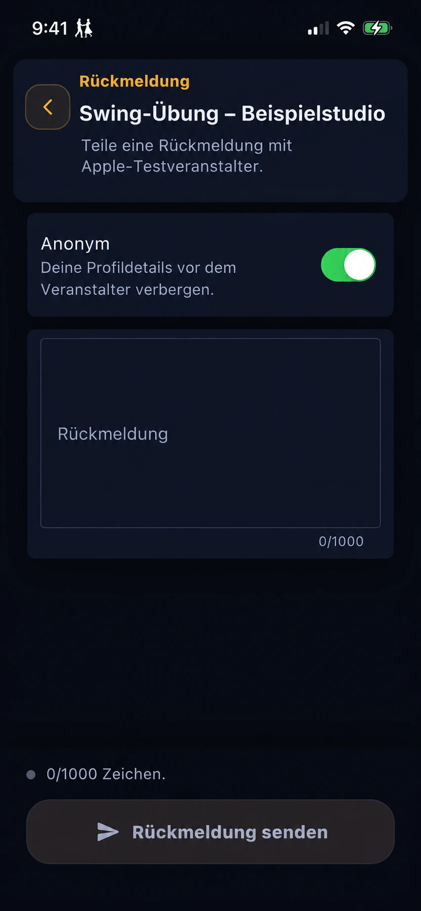 Ein Feedbackformular zu einer Veranstaltung mit aktivierter anonymer Abgabe, die die Profildaten der tanzenden Person vor dem Veranstalter verbirgt.