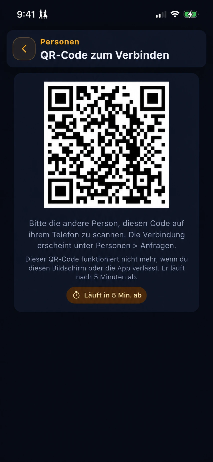 Die QR-Code-Ansicht zum Vernetzen im Bereich Personen. Der Hinweis erklärt, dass der Code nach fünf Minuten oder beim Verlassen der Ansicht oder App abläuft.