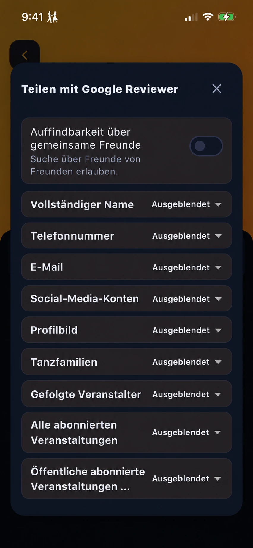 Individuelle Freigaben je Freundschaft: Auffindbarkeit über gemeinsame Freunde, Name, Kontaktdaten, Profilfoto, Tanzfamilien und abonnierte Veranstaltungen.