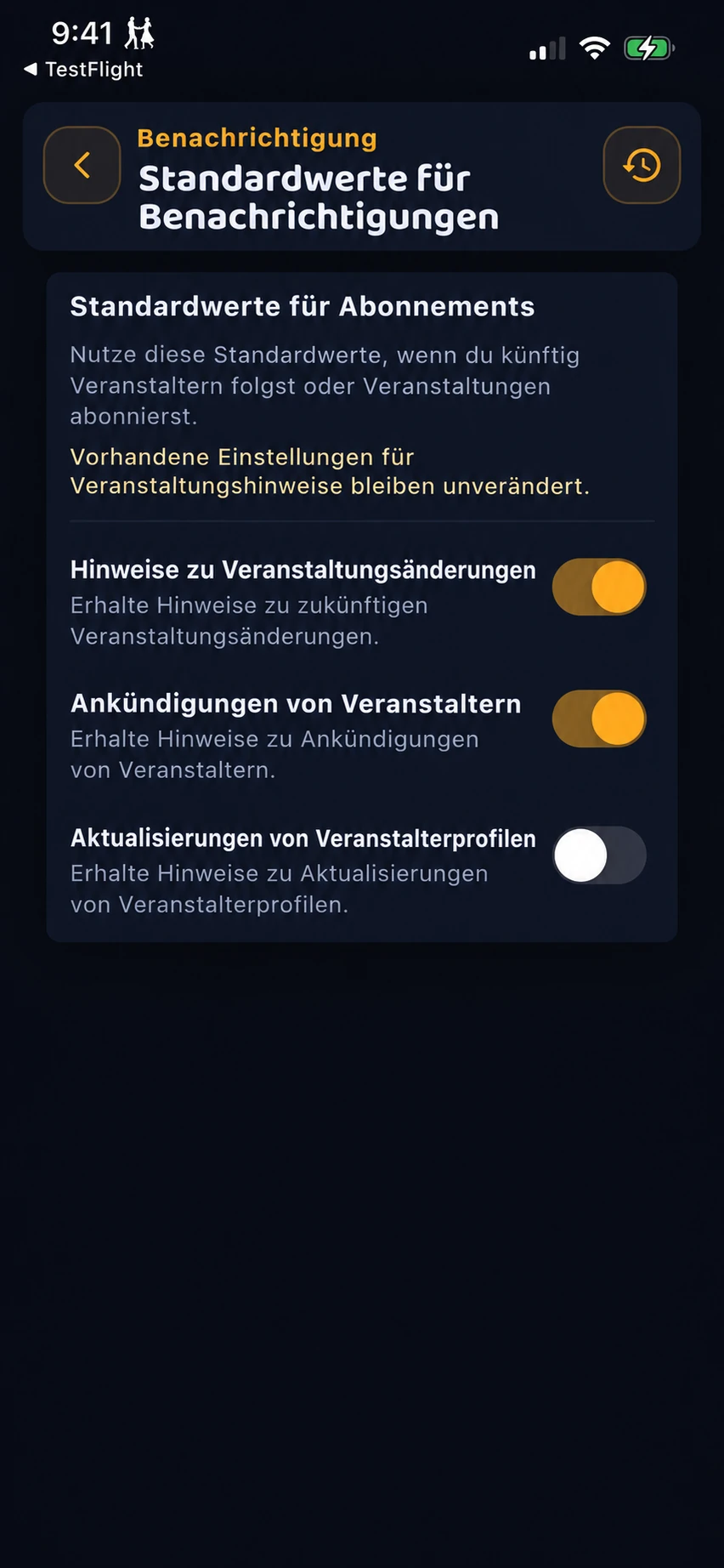 Standardeinstellungen für Benachrichtigungen bei künftig abonnierten Veranstaltern und Veranstaltungen. Mitteilungen und Profiländerungen von Veranstaltern lassen sich getrennt einstellen.