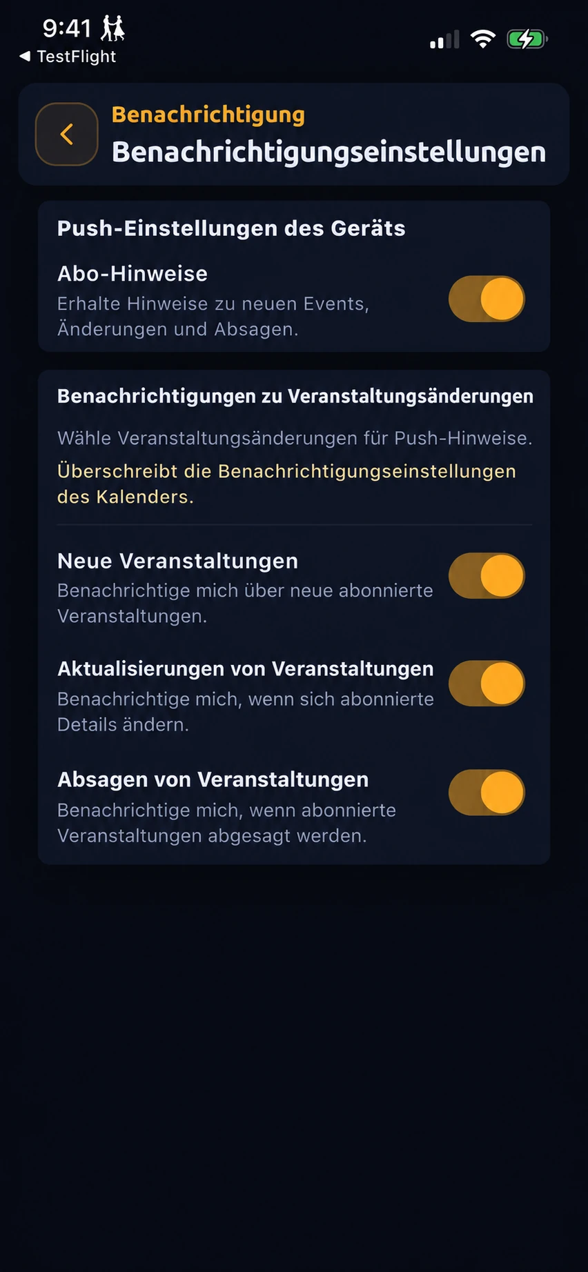 Benachrichtigungseinstellungen mit separaten Optionen für neue Veranstaltungen, Änderungen und Absagen.