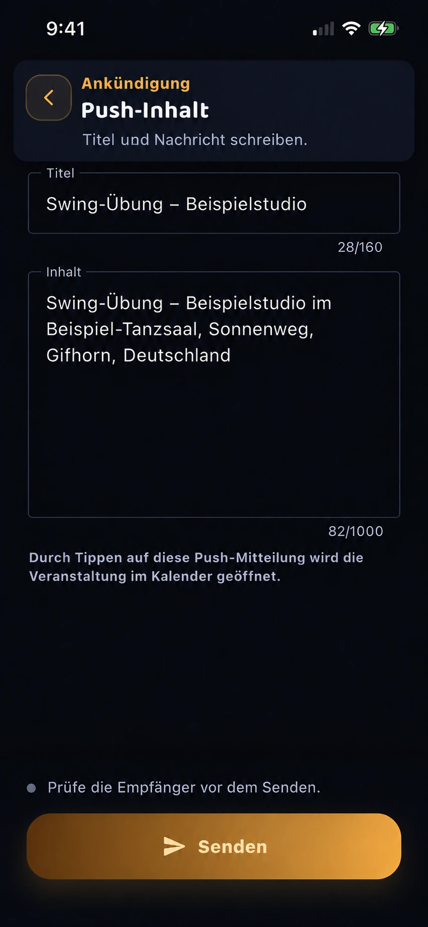 Ein Veranstalter verfasst eine Mitteilung zu einer Veranstaltung mit Titel, Nachricht und einer Übersicht der Empfänger vor dem Senden.