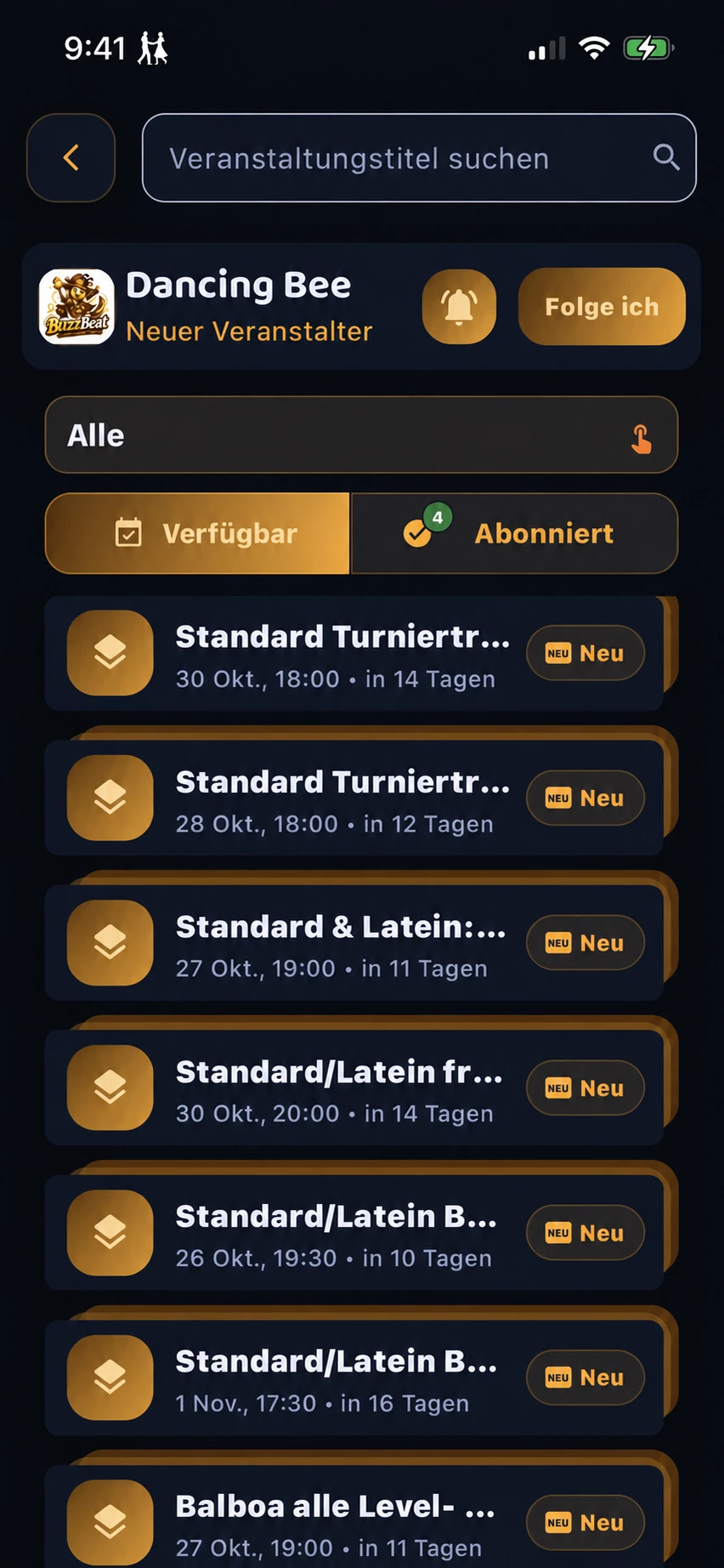 Ein Veranstalterprofil in Dancing Bee mit kommenden Veranstaltungen, einer Schaltfläche zum Folgen und Einstellungen für Benachrichtigungen.