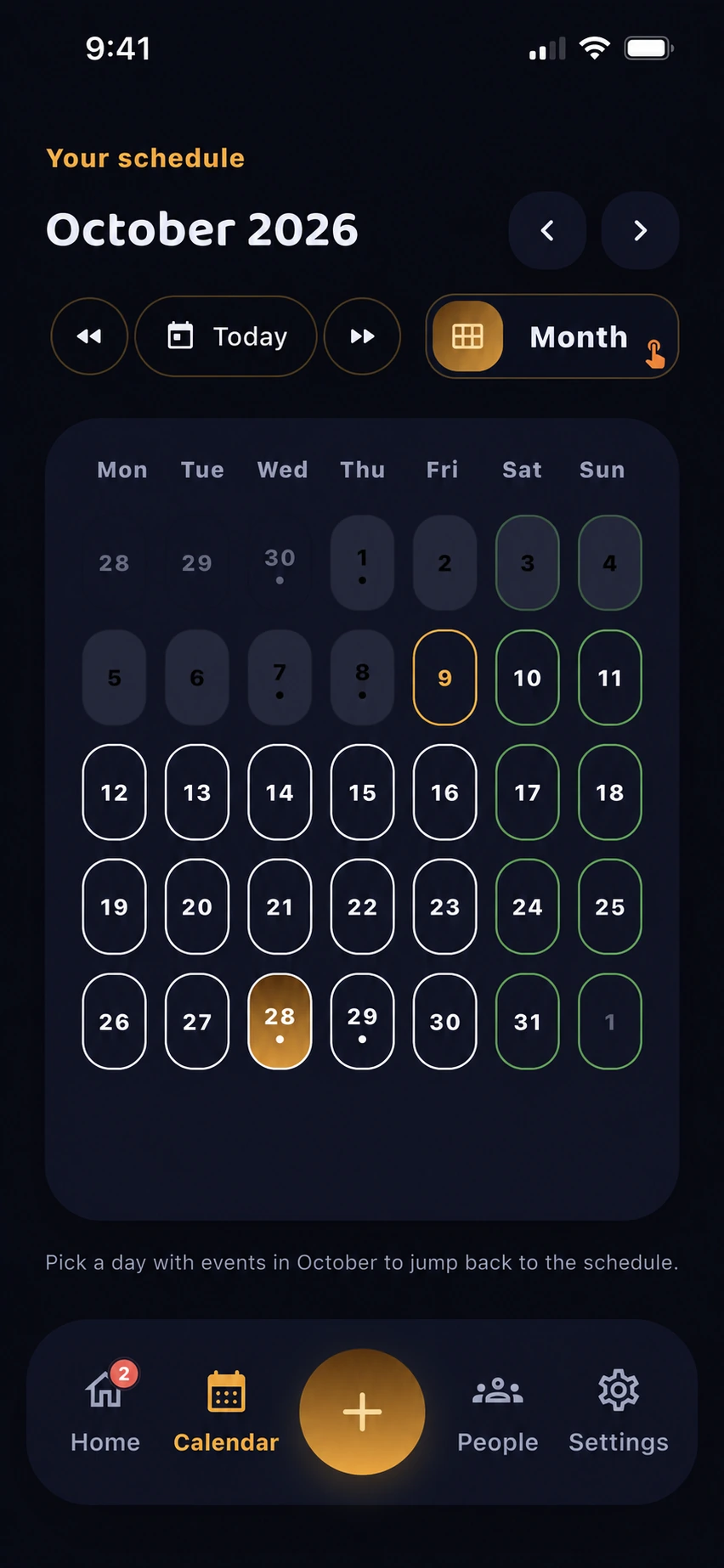 The Dancing Bee month view for October 2026, with example dance plans and a fictional unread count.