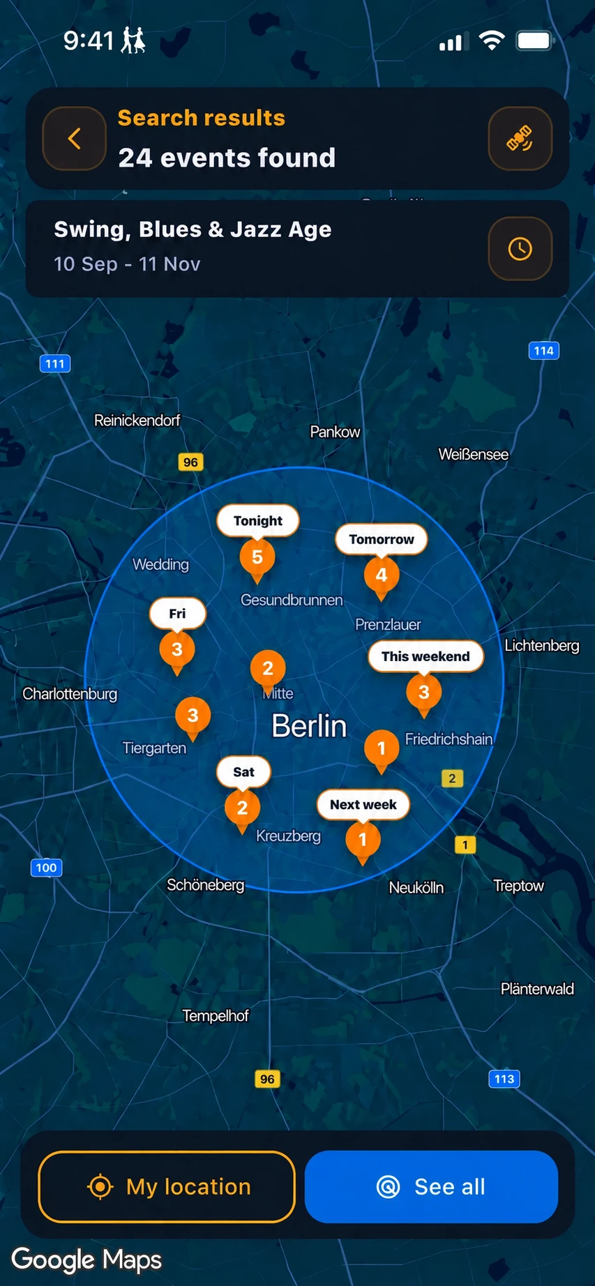 App Store map illustration showing example dance-event clusters around Berlin.
