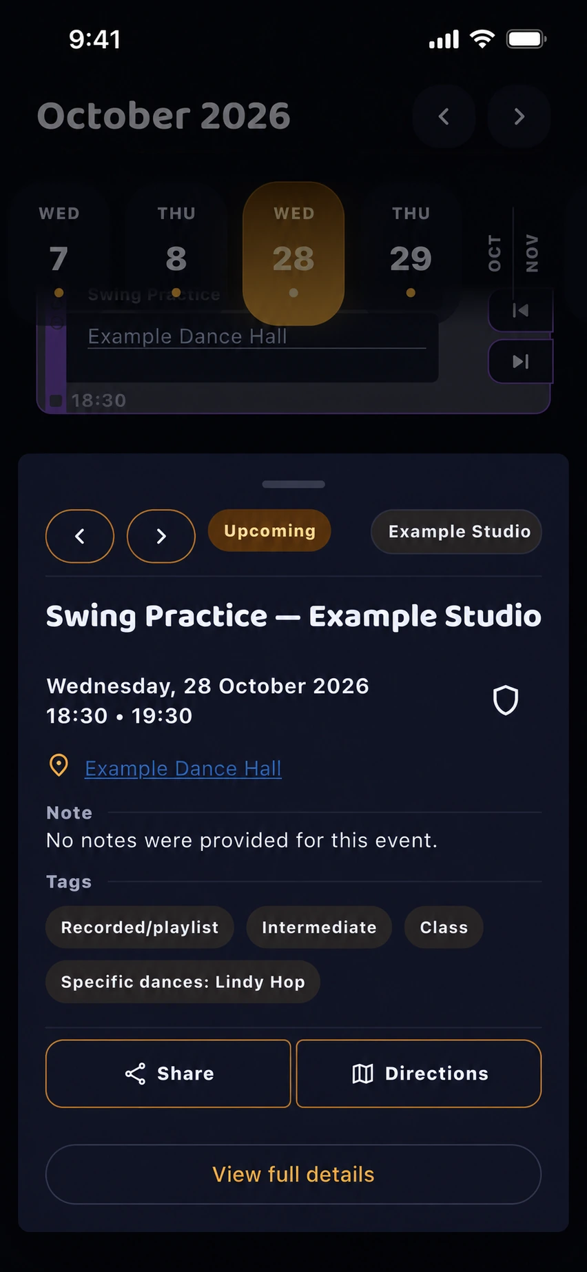 Details for a fictional Swing Practice event by Example Studio, with sharing and directions controls.
