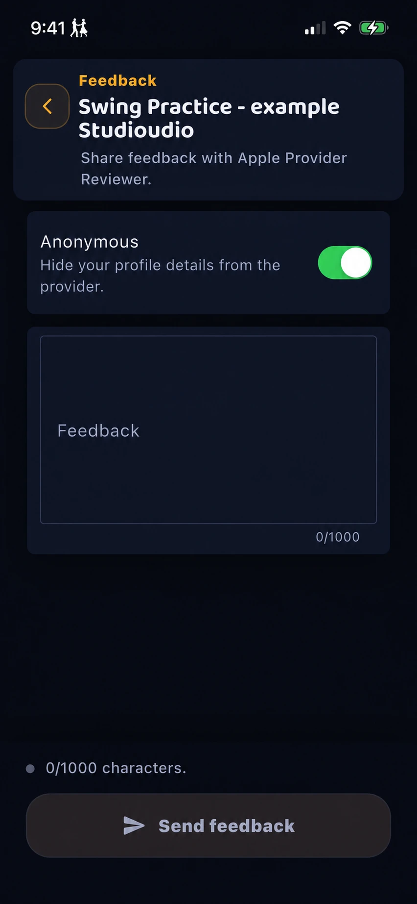 An event feedback form with Anonymous enabled, hiding the dancer’s profile details from the provider.