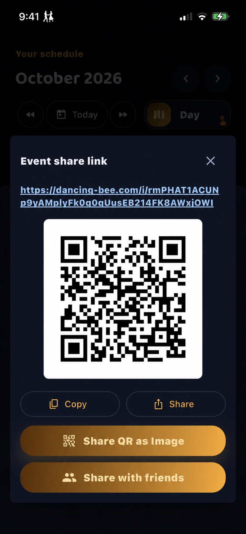 The event sharing dialog with a link, QR code, Copy, Share and Share QR as Image controls.