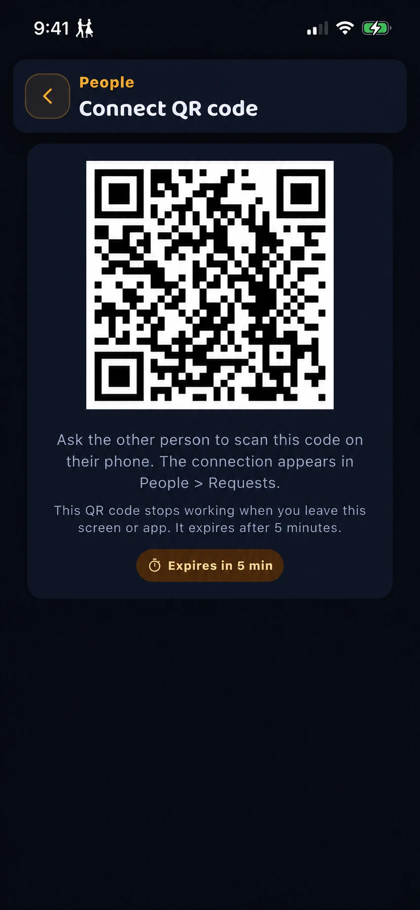 The People connection QR screen explaining that the code expires after five minutes or when you leave the screen or app.