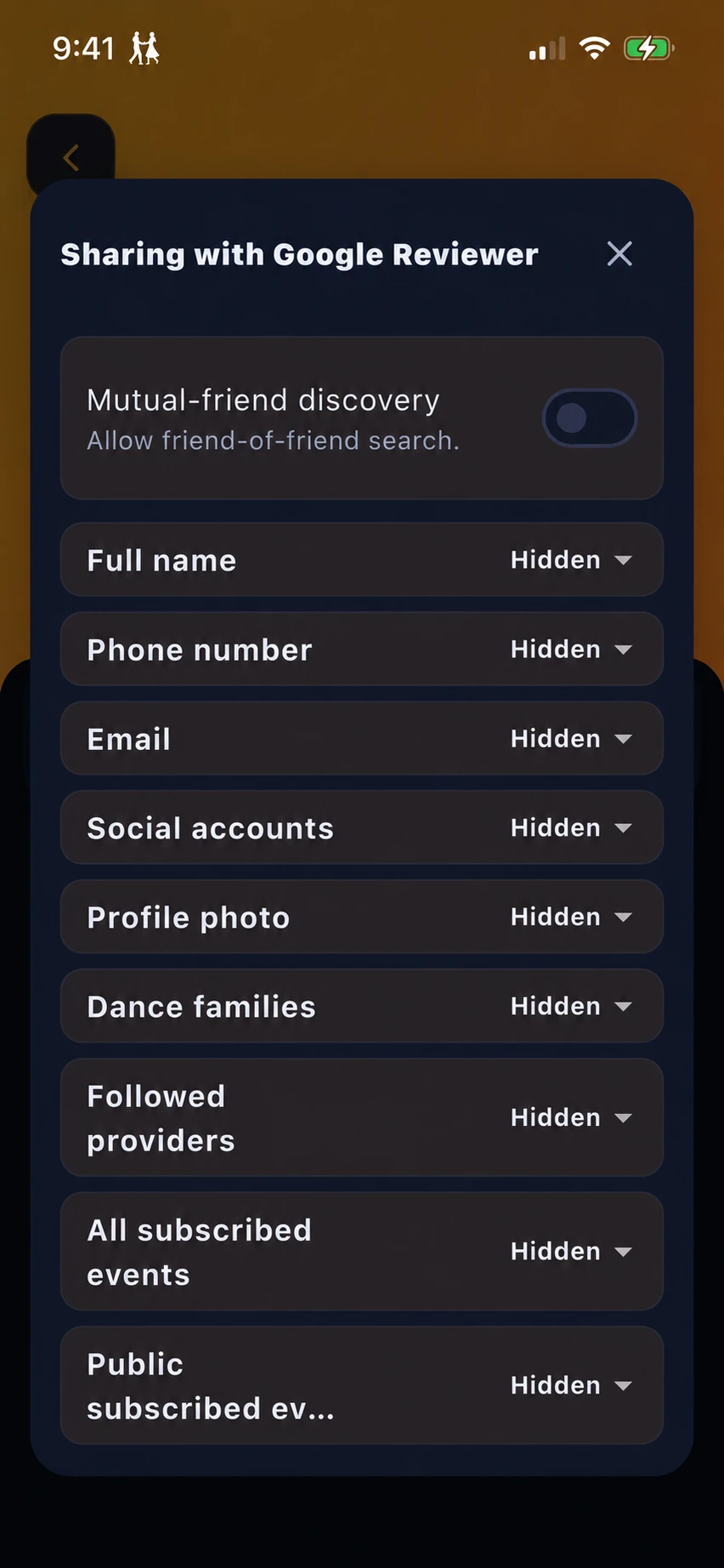 Per-friend sharing settings for mutual-friend discovery, name, contact details, profile photo, dance families and subscribed events.
