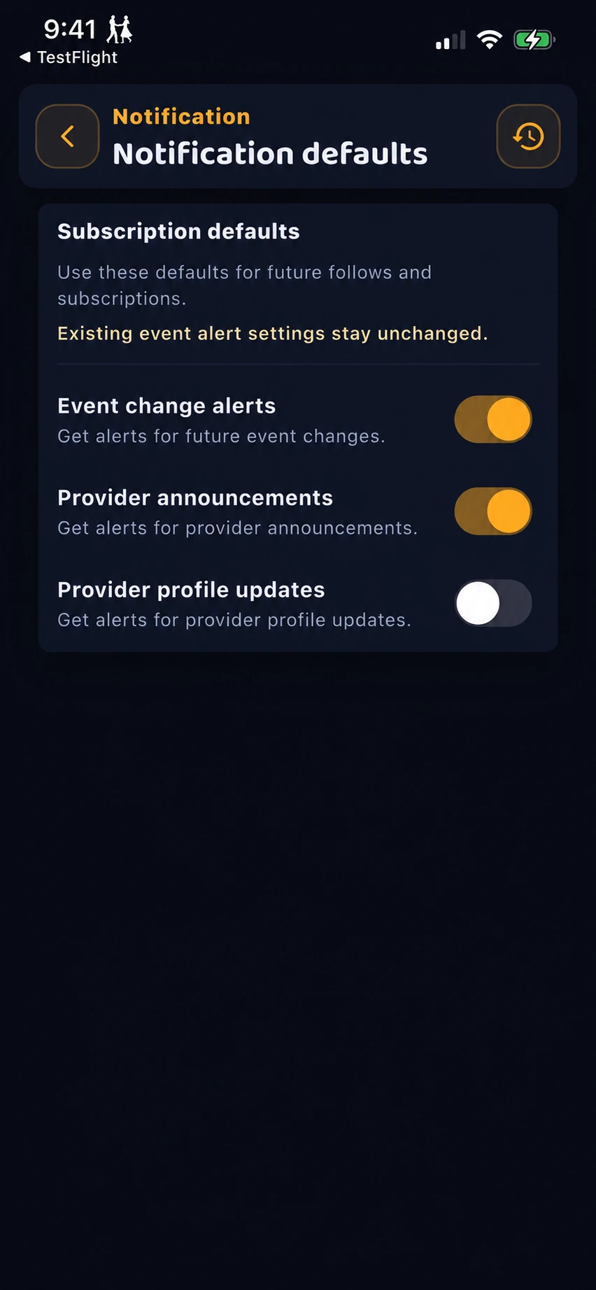 Notification defaults for future follows and subscriptions, with provider announcements and profile updates controlled separately.