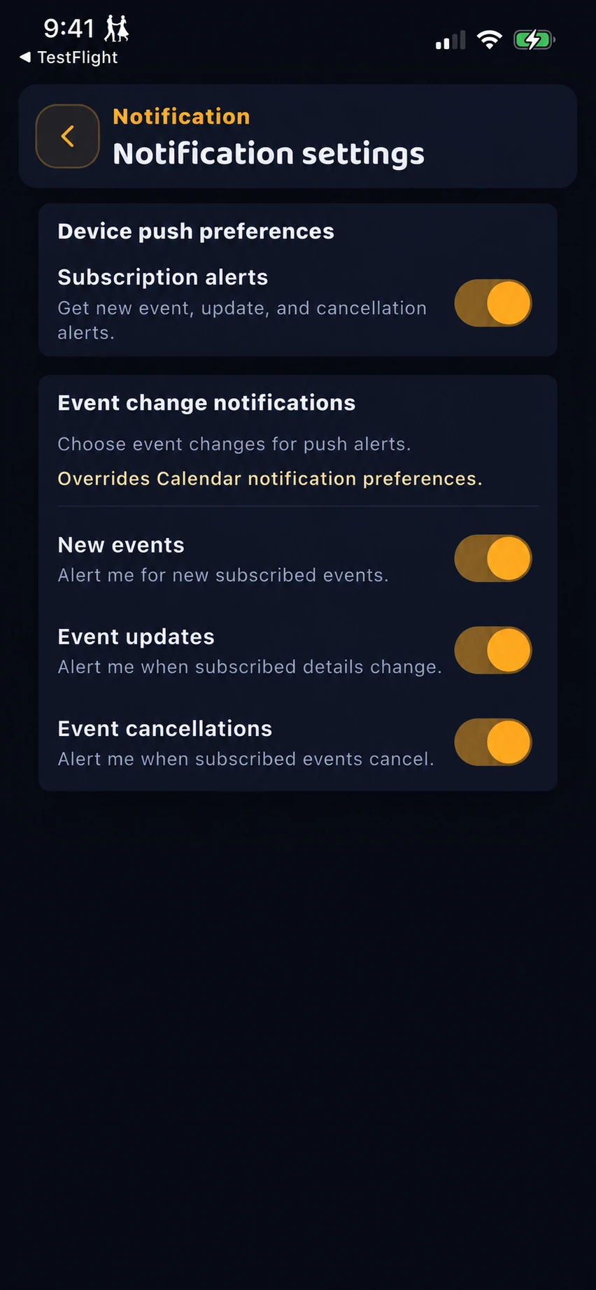Notification settings with separate controls for new events, updates and cancellations.