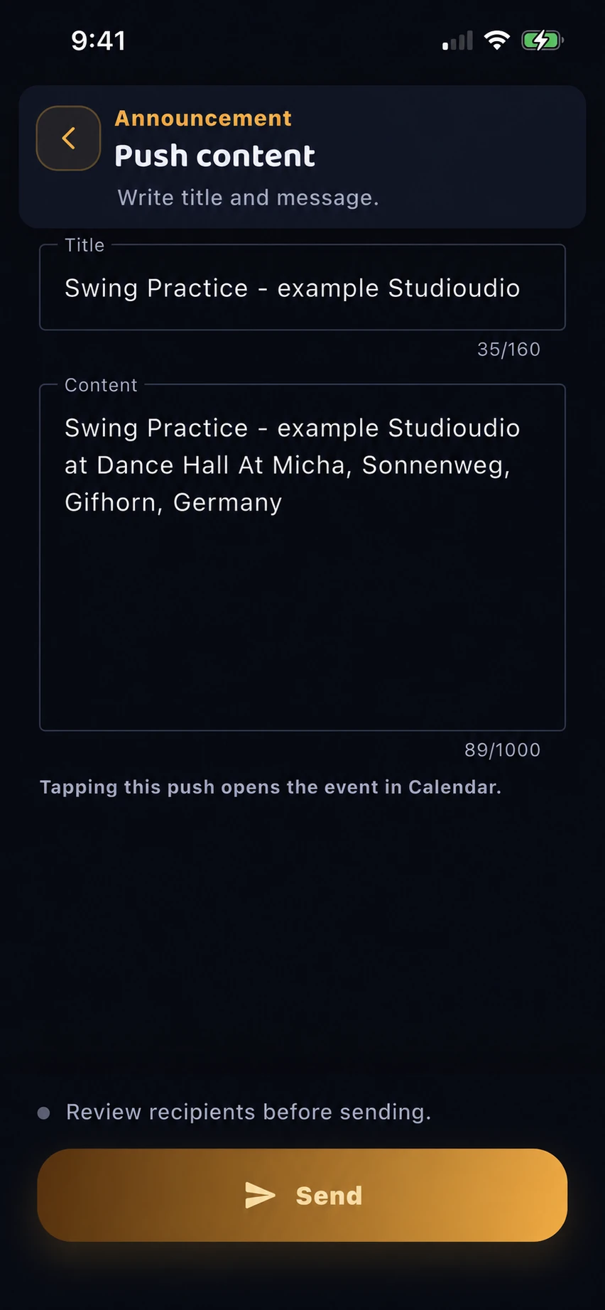 A provider composing an event announcement with a title, message and recipient review before sending.
