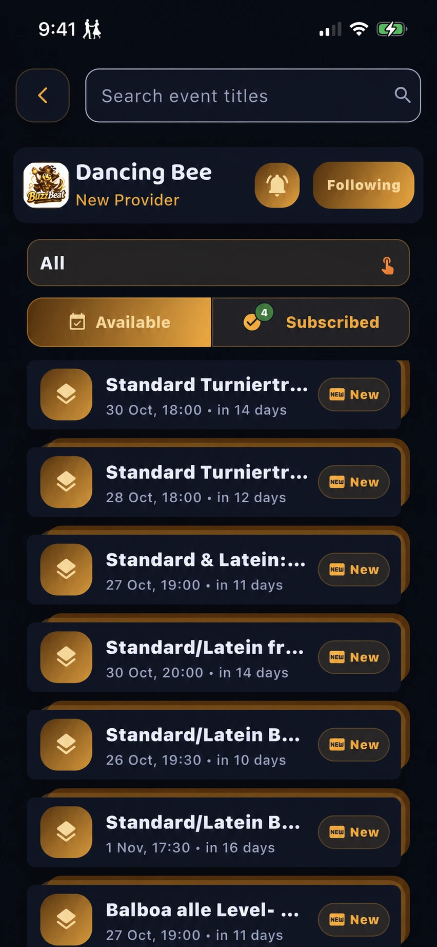A Dancing Bee provider profile with upcoming events, a Following button and notification controls.