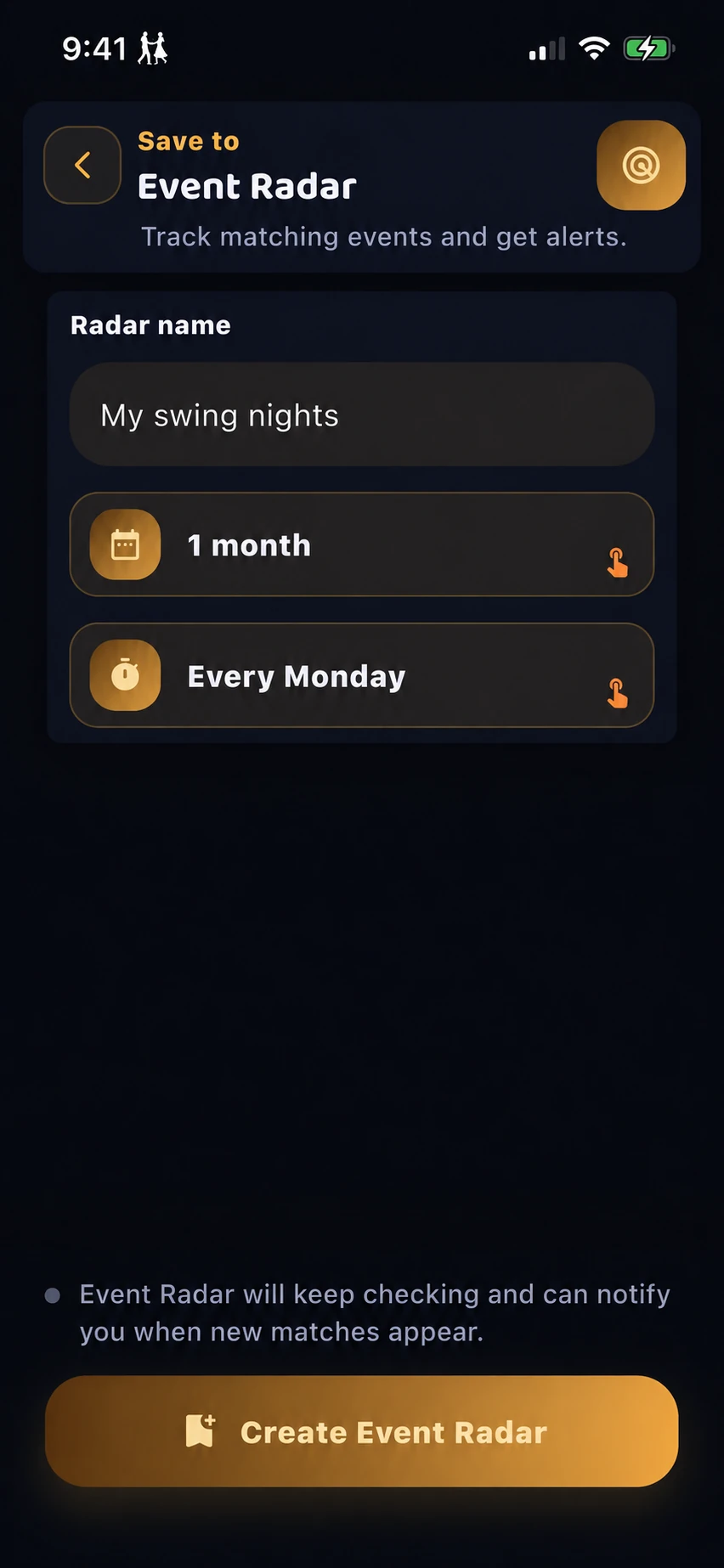 Creating an Event Radar named My swing nights, with a monthly duration and weekly checks.