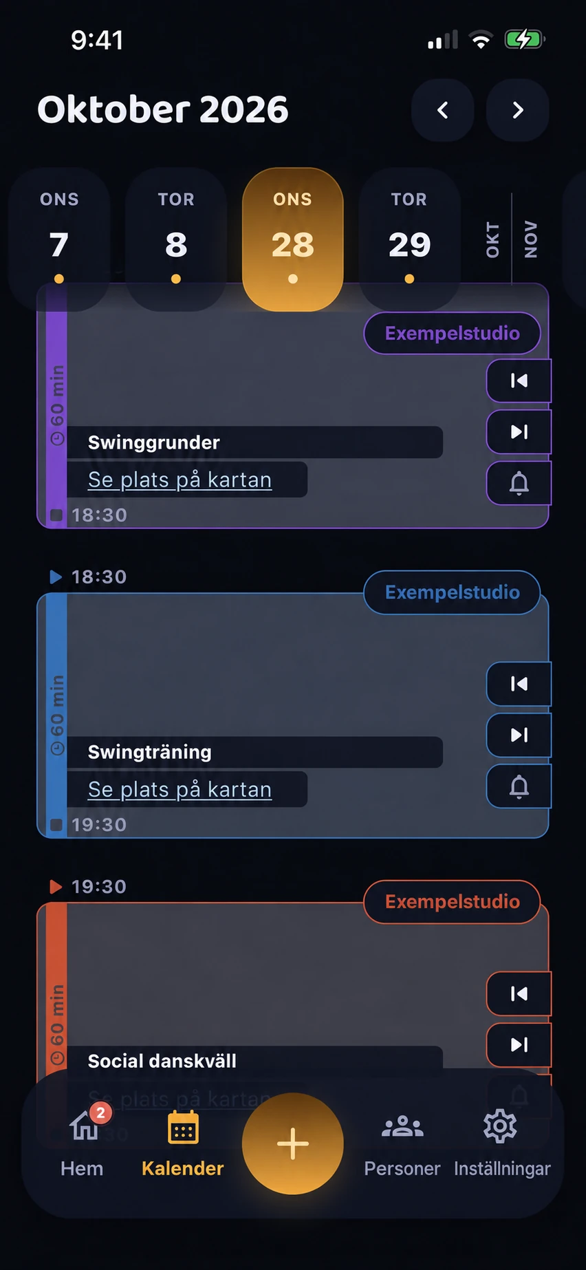 Kalendern i Dancing Bee med påhittade dansevenemang.