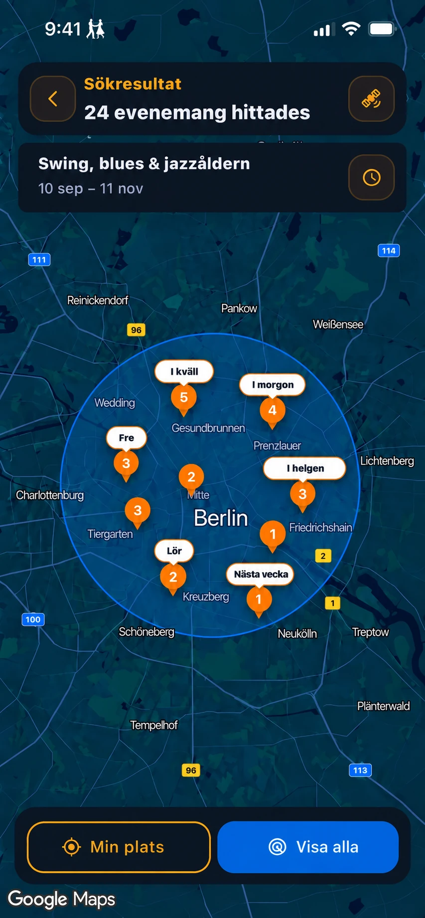 En kartillustration från App Store som visar exempel på grupper av dansevenemang runt Berlin.