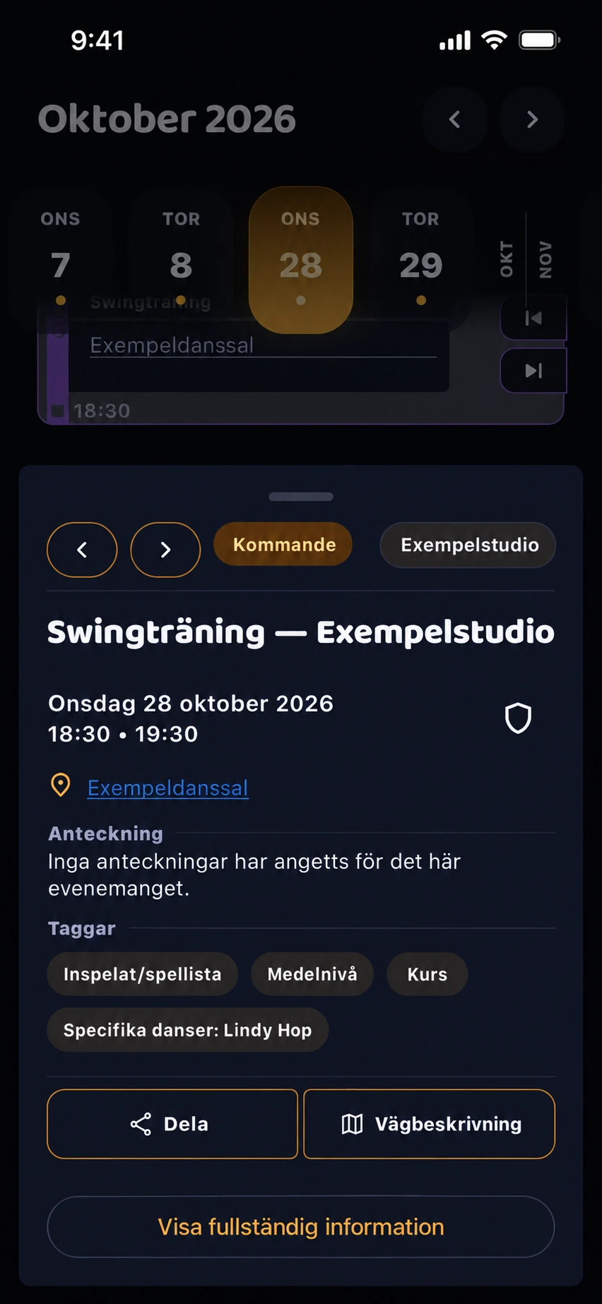 Detaljer om en påhittad swingträning hos en exempelstudio, med knappar för delning och vägbeskrivning.