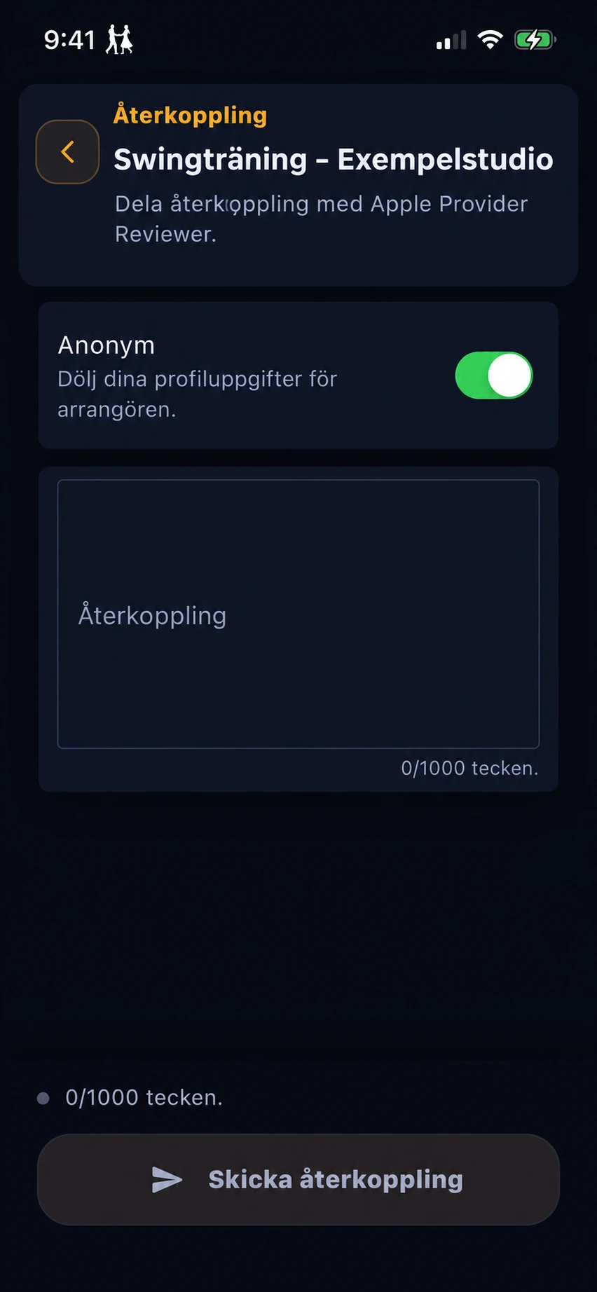Ett formulär för återkoppling om ett evenemang med anonymt läge aktiverat, så att dansarens profiluppgifter döljs för arrangören.