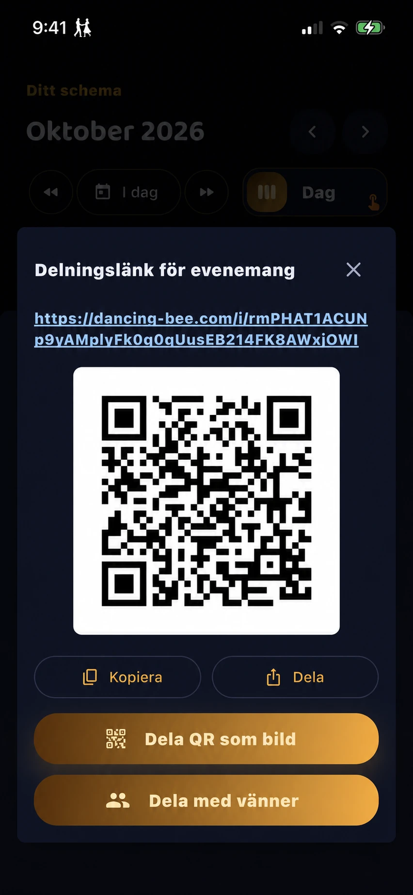 Dialogrutan för att dela ett evenemang med länk, QR-kod och knappar för att kopiera, dela och dela QR-koden som bild.