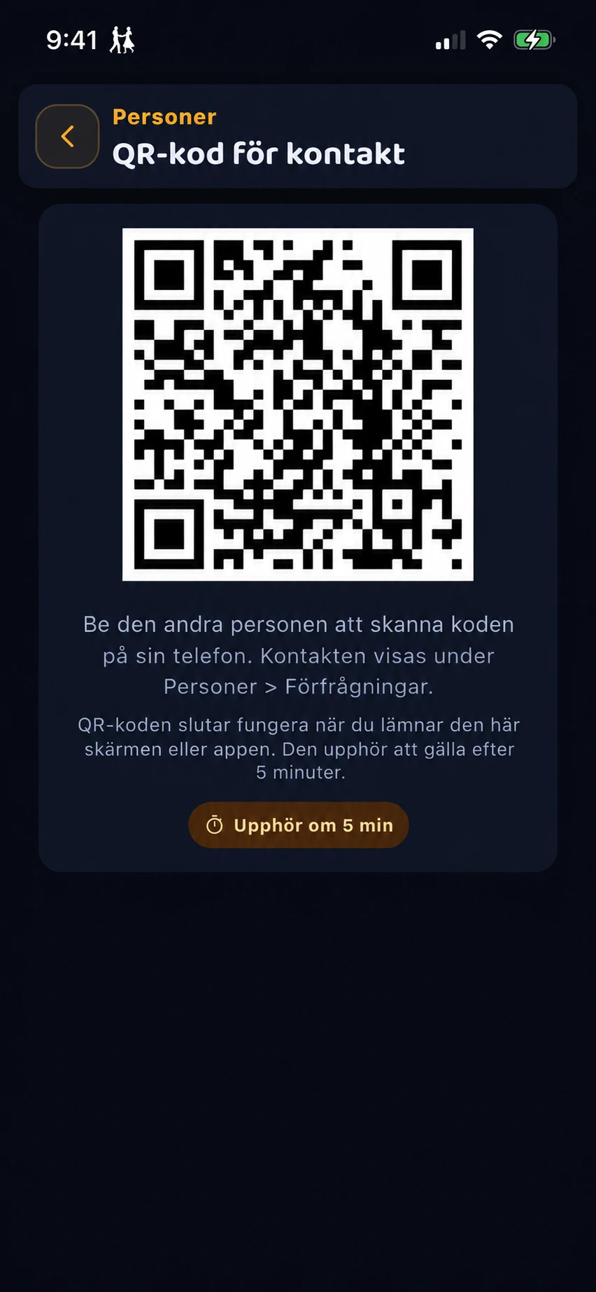 QR-vyn för att knyta kontakter under Personer, med information om att koden går ut efter fem minuter eller när du lämnar vyn eller appen.