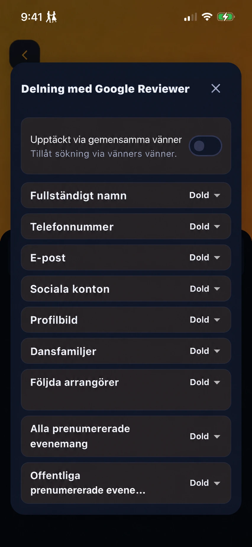 Delningsinställningar för varje vän: att hitta varandra via gemensamma vänner, namn, kontaktuppgifter, profilbild, dansfamiljer och evenemang du följer.
