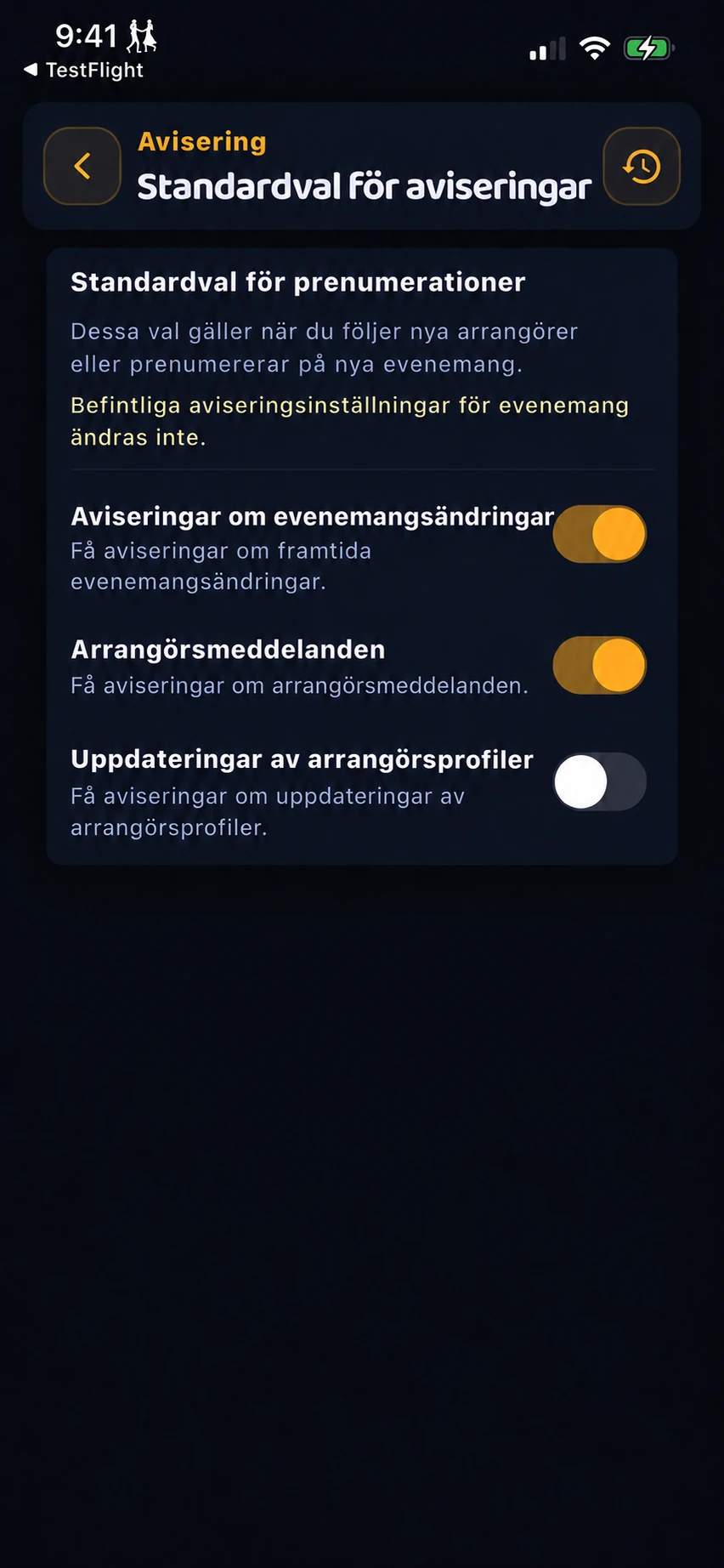 Standardinställningar för notiser när du börjar följa fler arrangörer och evenemang, med separata reglage för arrangörsmeddelanden och profiluppdateringar.