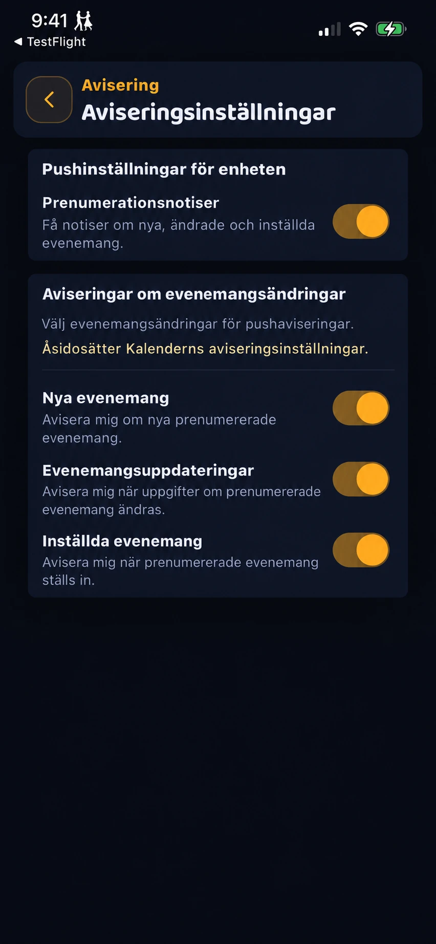 Notisinställningar med separata reglage för nya evenemang, uppdateringar och inställda evenemang.