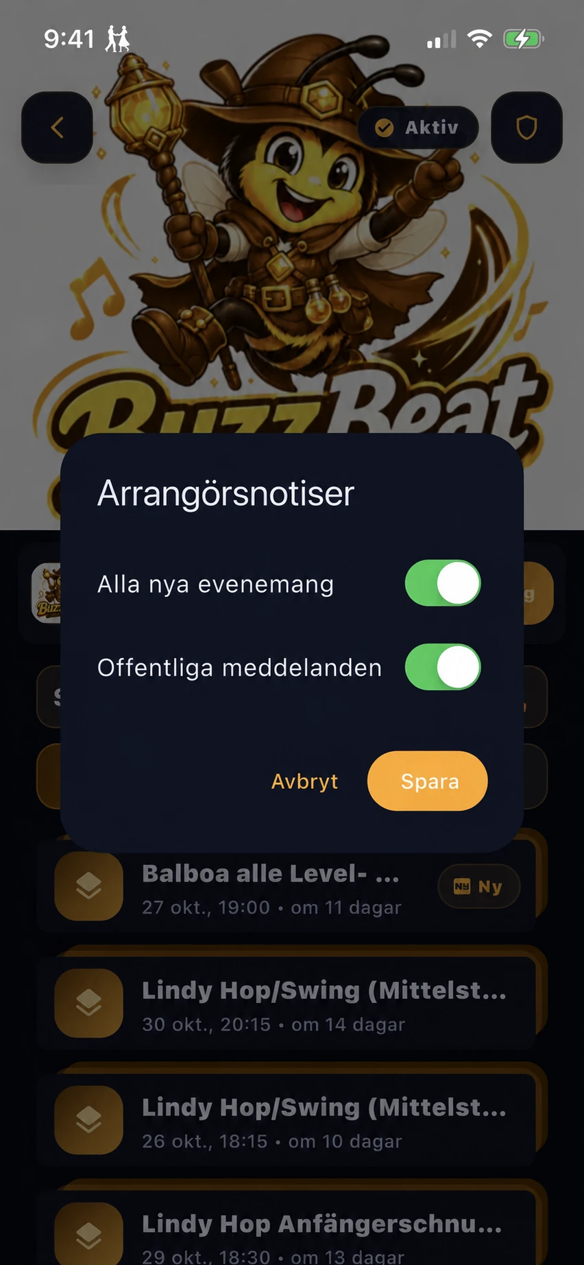 Separata reglage för nya evenemang och offentliga meddelanden från en arrangör du följer.
