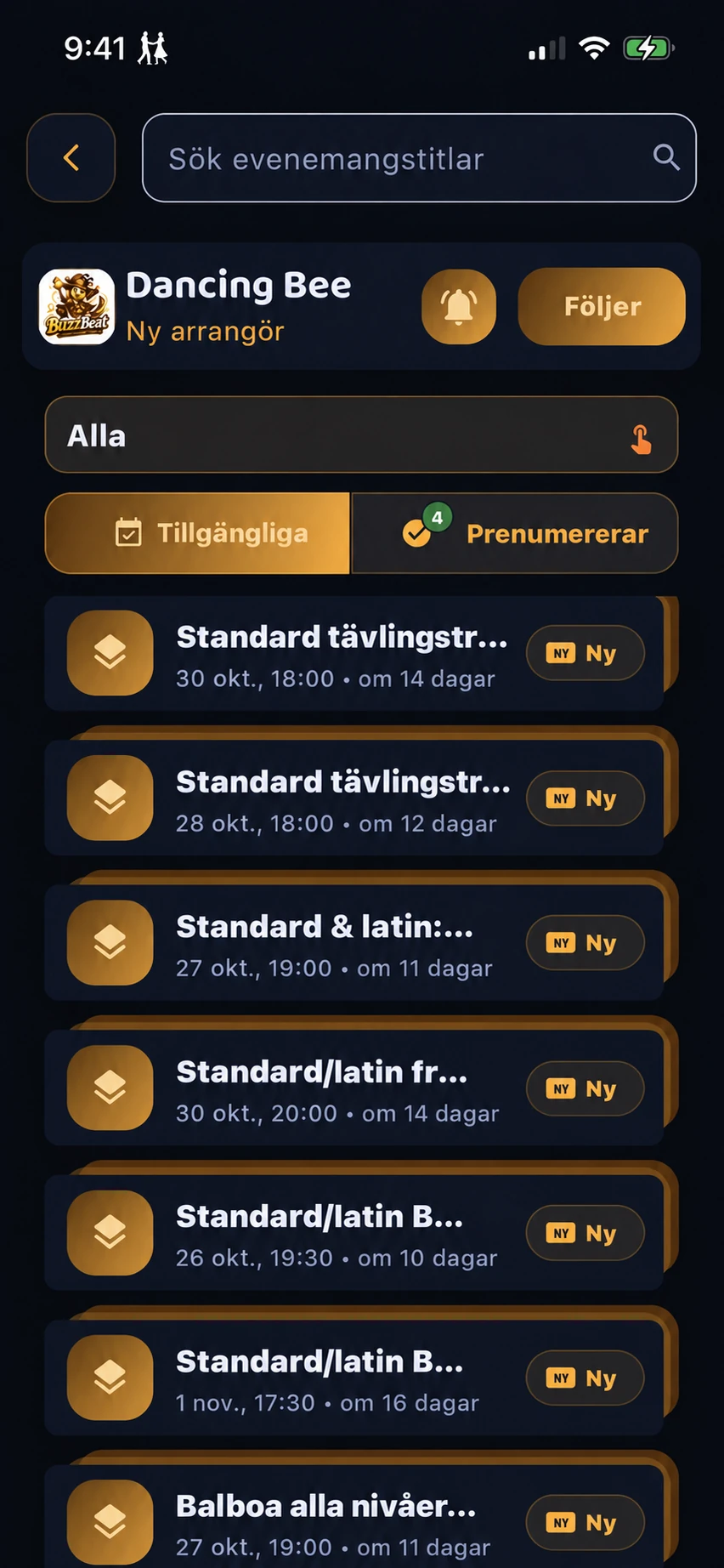 En arrangörsprofil i Dancing Bee med kommande evenemang, en knapp för att följa och inställningar för notiser.